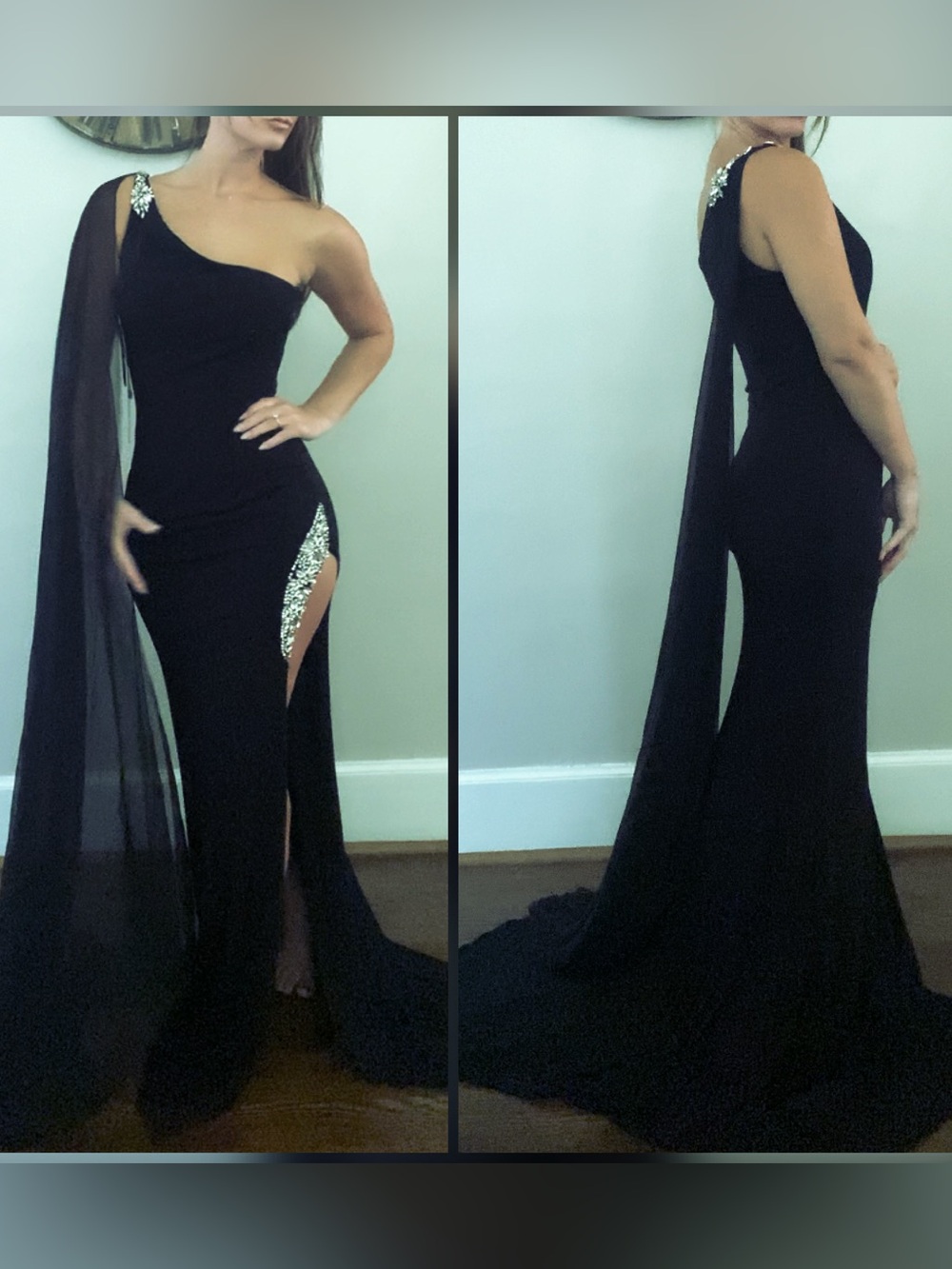 NWT Jovani black cape pageant evening gown, prom dress, formal, gala gown sz 6